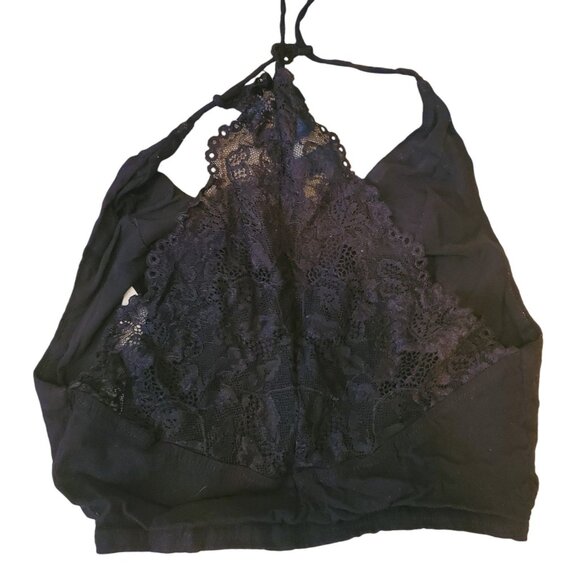 Free People Boho Lace Halter Crop Top Racerback Black Sz S - Picture 2 of 3